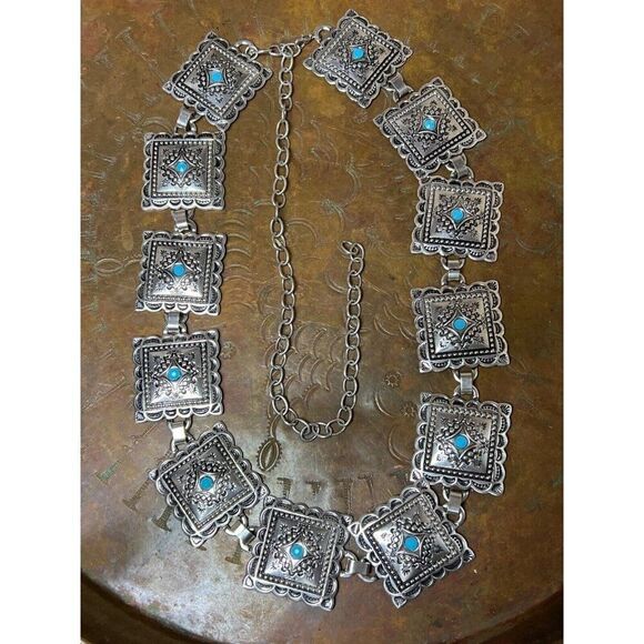 Unbranded Accessories - Concho Southwest Silver Unisex Chain belt adjustable to 52” Faux Turquoise